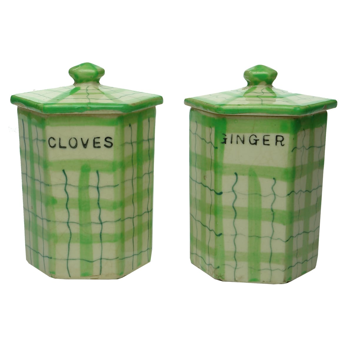 Kitchenalia. Pair of lidded containers, Cloves and Ginger.