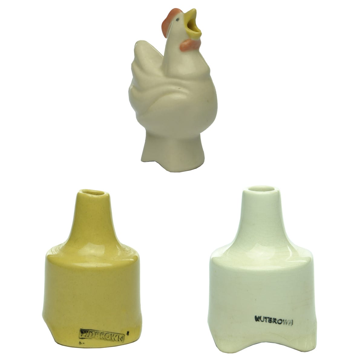 Three Pie Funnels: Rooster, Bendigo Pottery; 2 x different Nutbrowns.