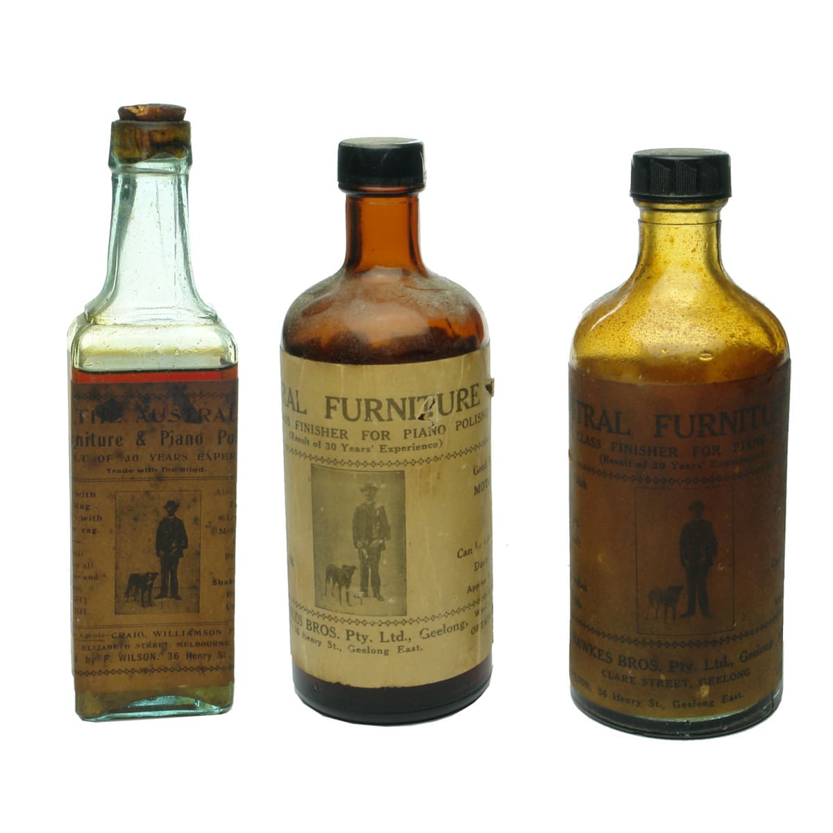 Three Labelled Austral Furniture Polish Bottles: Wilson and/or Hawkes Bros., Geelong. All variations. (Victoria)