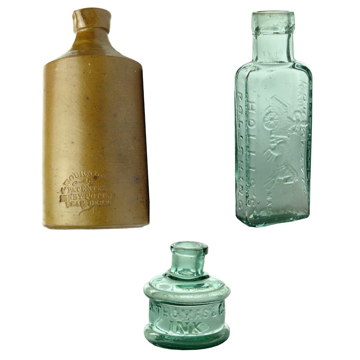 Two Inks and a Polish Bottle. Bourne Pottery; Thomas & Co; Hollis's Polishing Fluid.