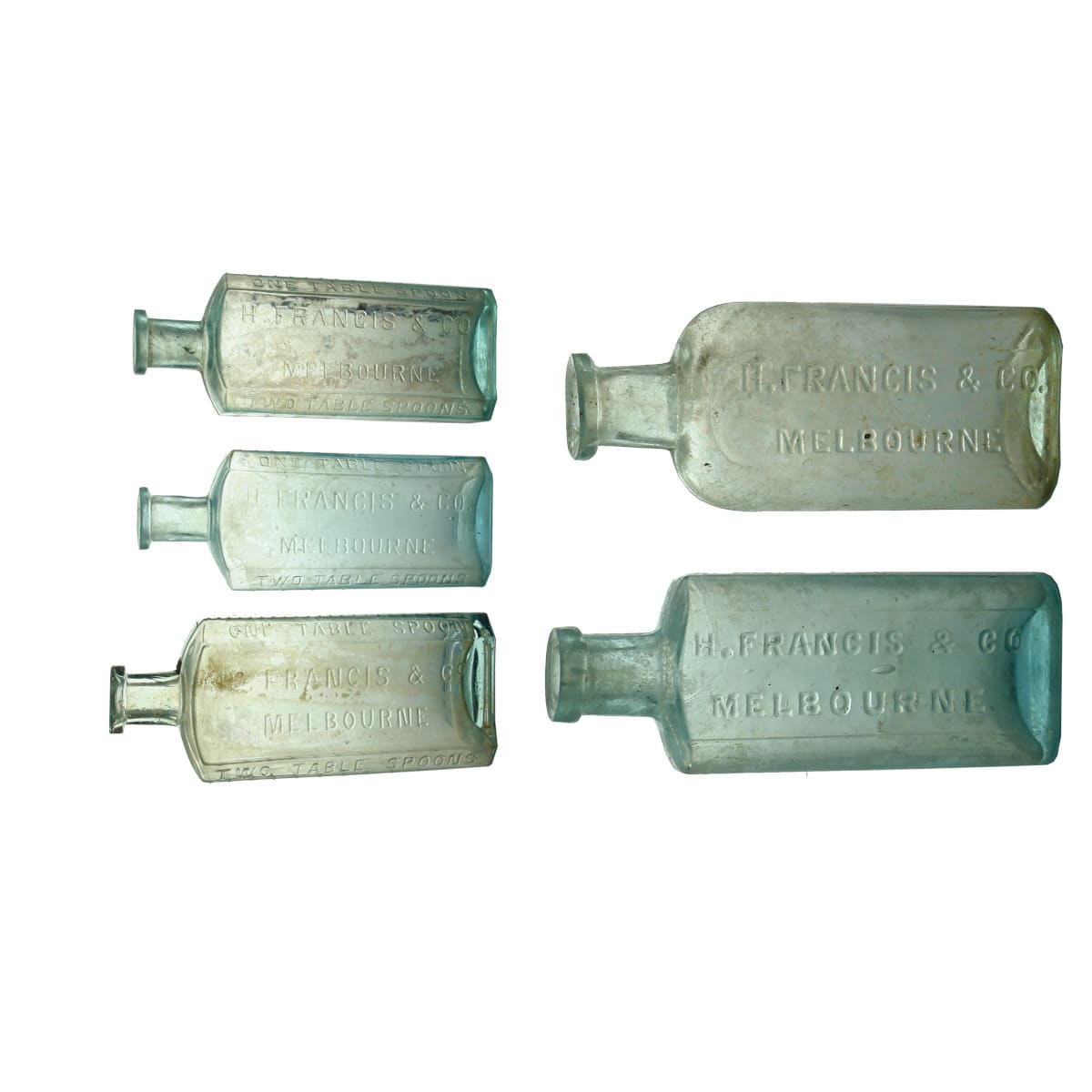 Five different Francis & Co., Melbourne Chemist bottles. (Victoria)