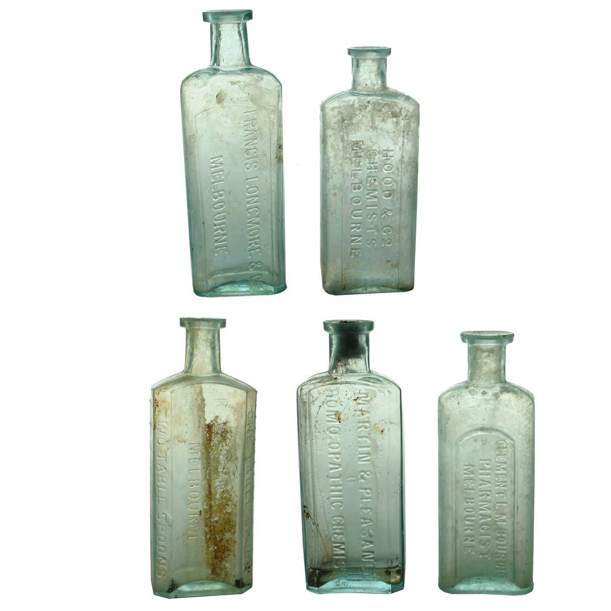 Five different Melbourne Chemist Bottles: Francis Longmore & Co; R. W. Beddome & Co; Hood & Co; Martin & Pleasance; Clement L. M. Bourdic. (Victoria)