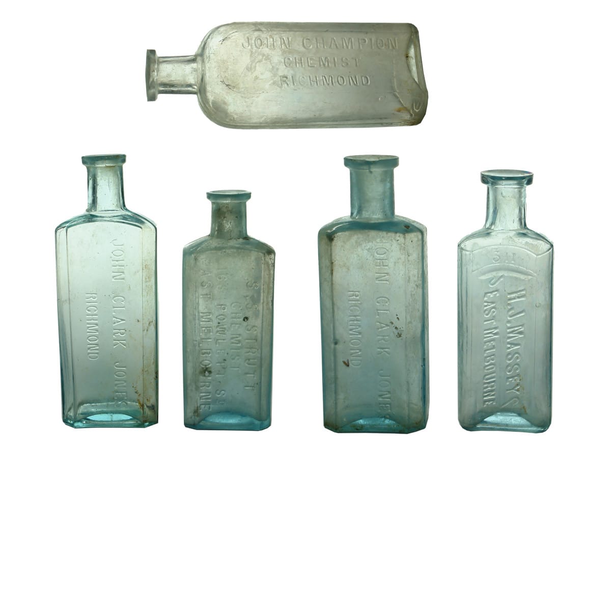 Five Melbourne suburban Chemist bottles: John Champion, Richmond; 2 different sizes of John Clark Jones, Richmond; S. S. Strutt, East Melbourne and H. J. Massey, East Melbourne. (Victoria)