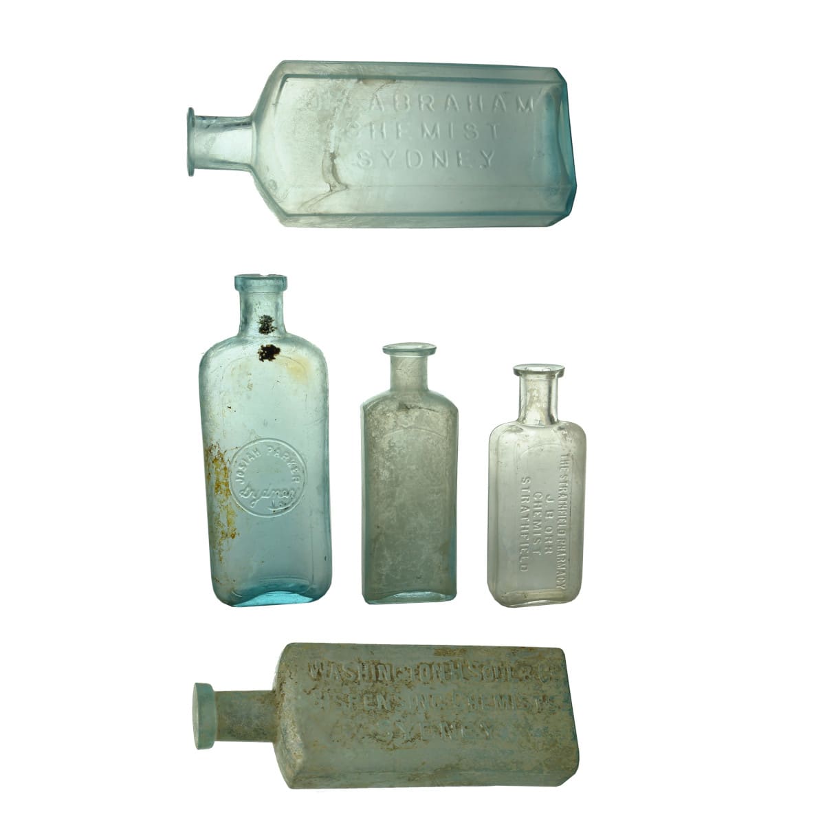 Five Sydney Chemist Bottles: J. S. Abraham; Josiah Parker; Washington H. Soul & Co; Durno; J. B. Orr. (New South Wales)