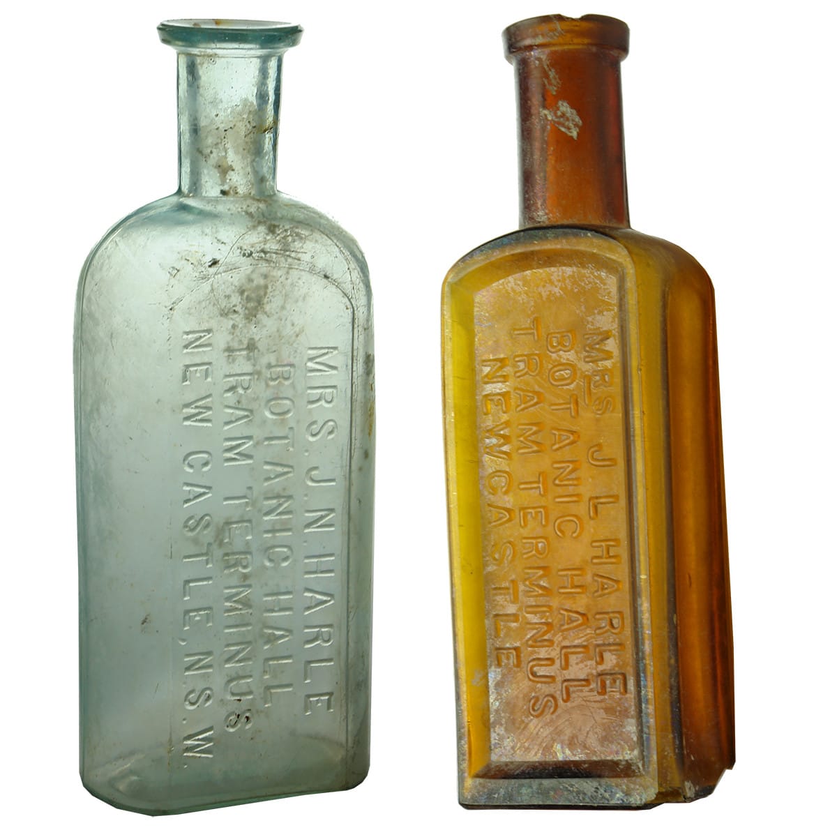 Pair of Chemists. Mrs J. N. Harle, Botanic Hall, Tram Terminus, Newcastle.  Aqua & Amber.  8 & 3 oz. (New South Wales)