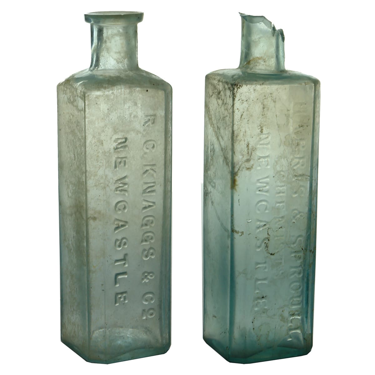 Pair of Chemists. R. C. Knaggs & Co and Harris & Sproull, Newcastle. Aqua.  4 oz. (New South Wales)