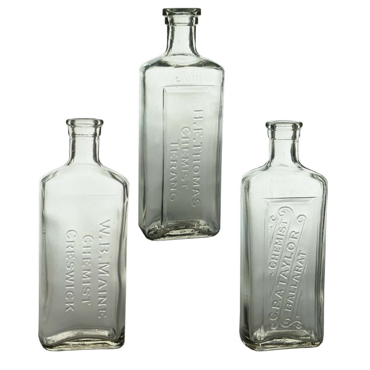 Three Chemist Bottles: W. B. Main, Creswick; H. F. Thomas, Terang; C. P. A. Taylor, Ballarat. (Victoria)