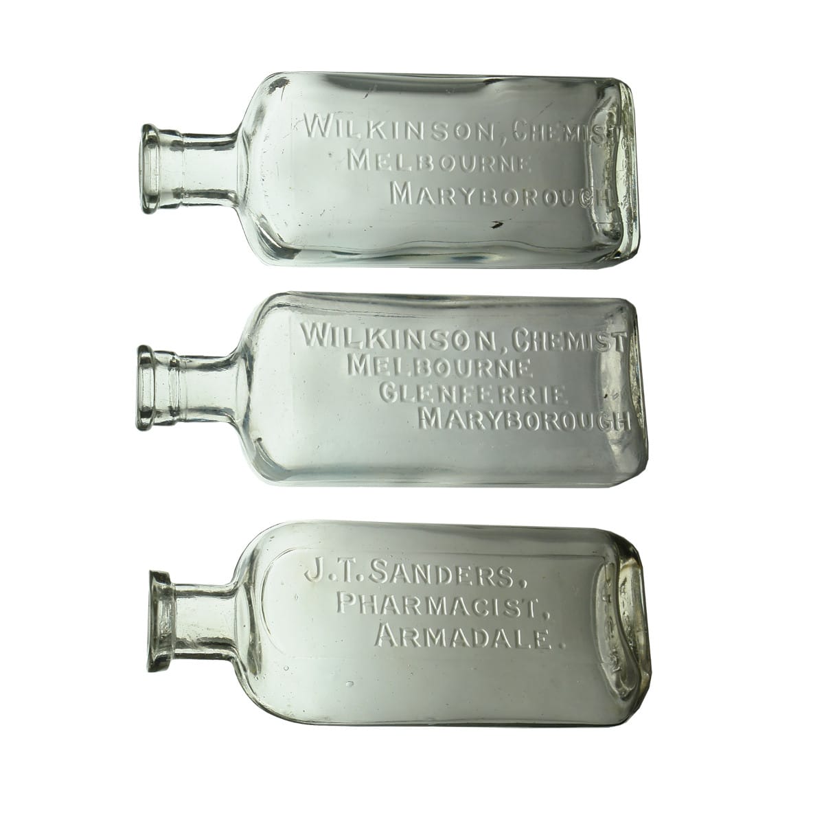 Three Chemist Bottles: Wilkinson, Melbourne & Maryborough; Wilkinson, + Glenferrie; Sanders, Armadale. (Victoria)