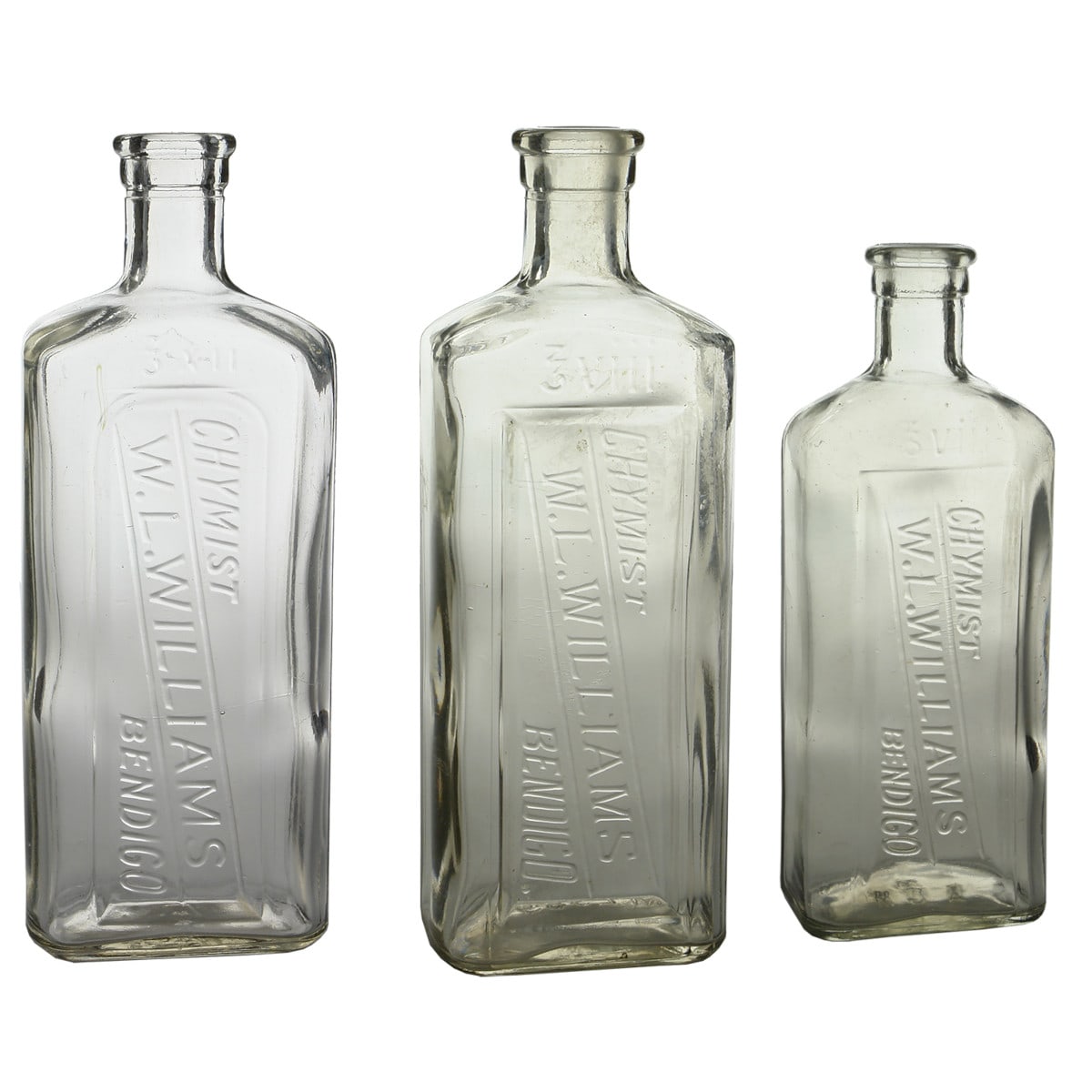 Three large Williams, Chymist, Bendigo Bottles. (Victoria)