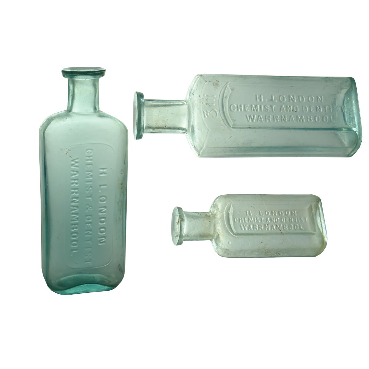 Three London, Warrnambool Chemist Bottles. 6, 3 & 1/2 oz. Aqua. (Victoria)