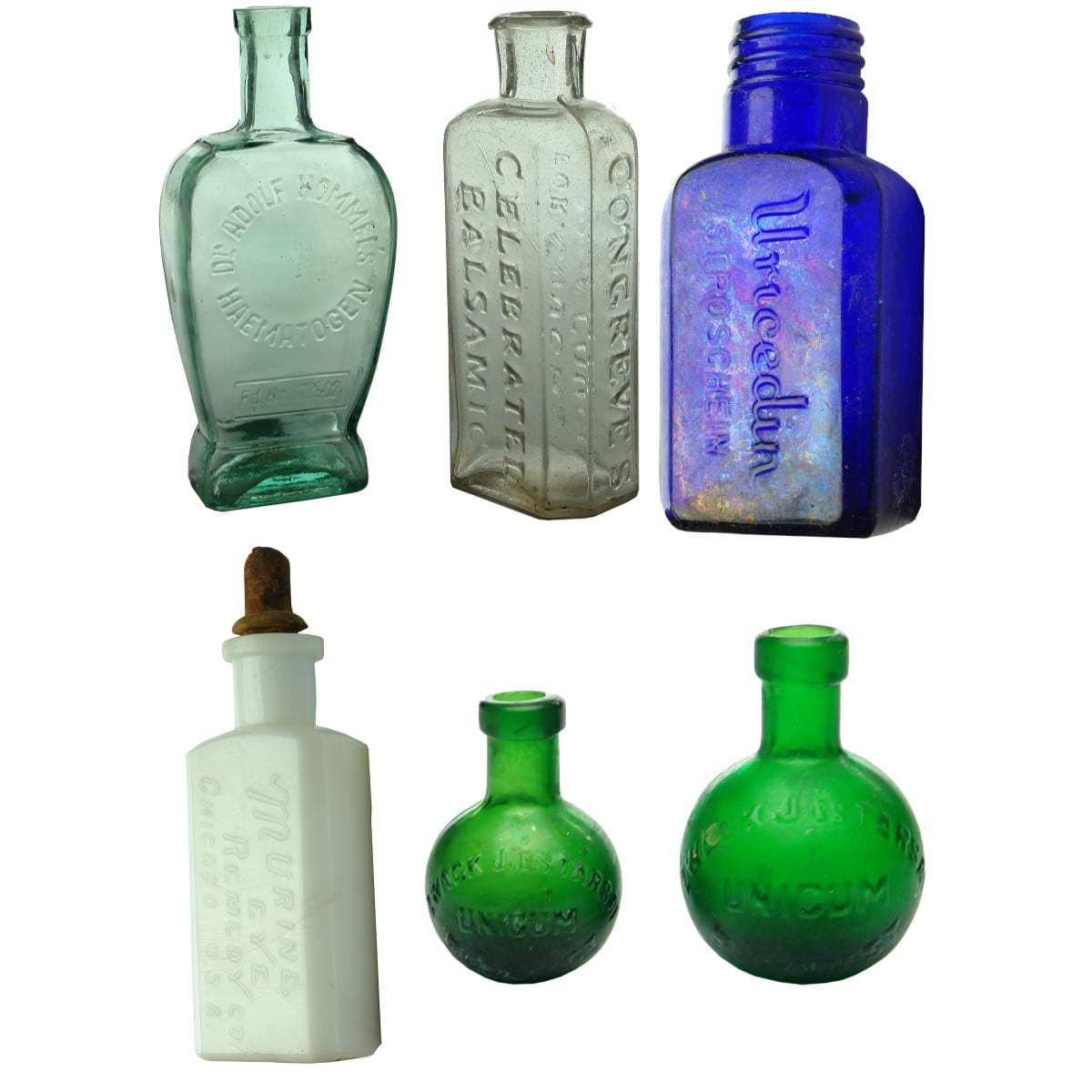 Six Medicine/Cure etc bottles: Haematogen; Congreve's; Uricedin; Murine; Unicum.