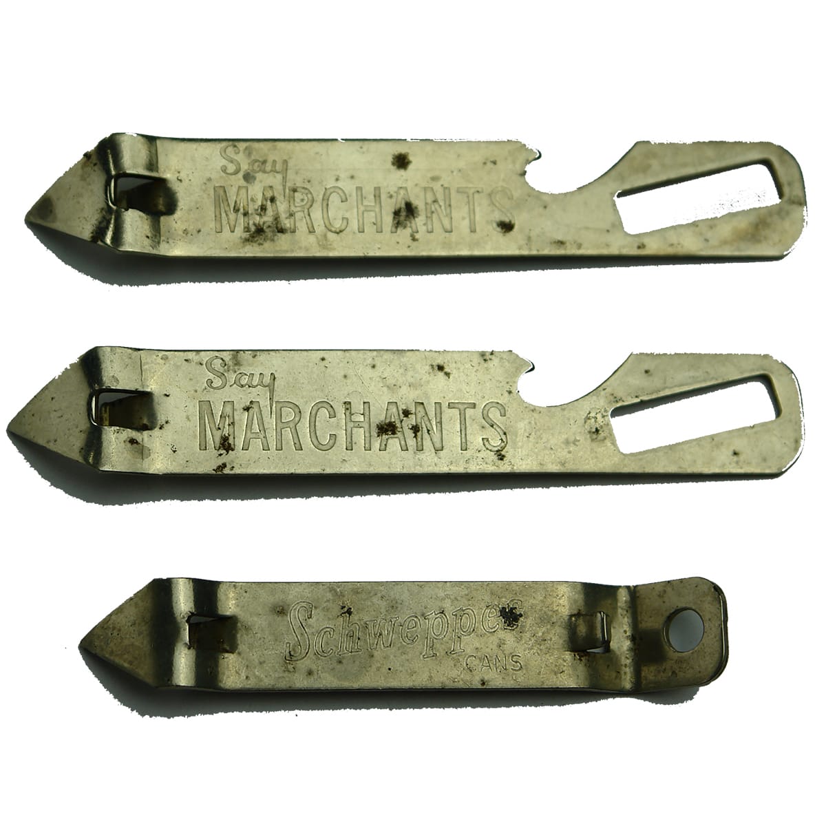 Bottle openers.  2 x Marchant's crown seal and internal thread openers and a Schweppes can opener.