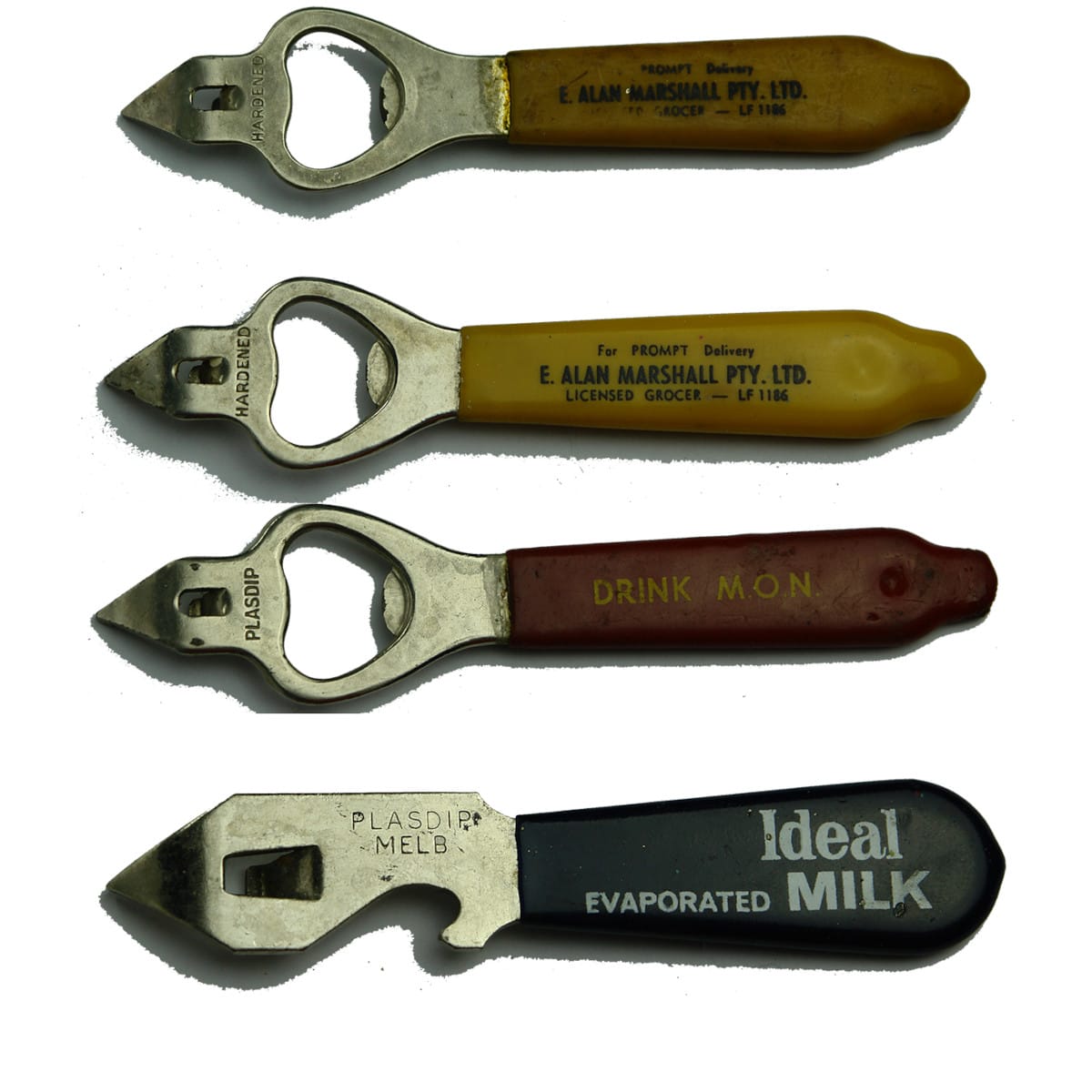 Four Advertising Bottle Openers: 2 x E. Alan Marshall; Drink M. O. N.; Ideal Milk.