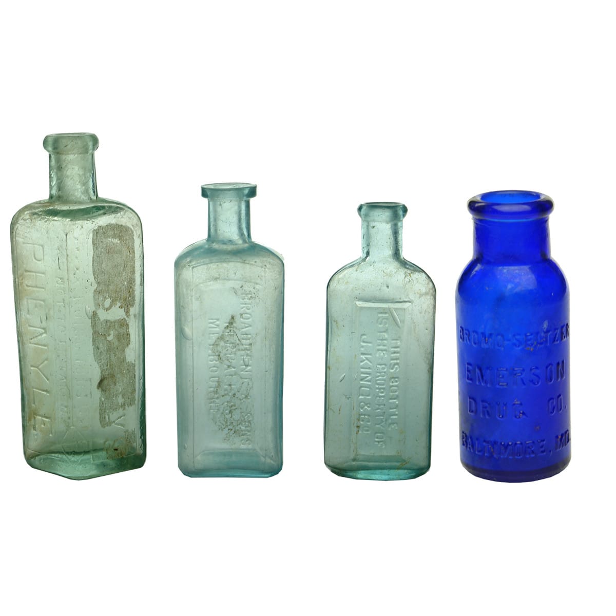 Four bottles: Small Phenyle with name erased; Broadbent Herbalists; King & Co Eucalyptus & Bromo-Seltzer.