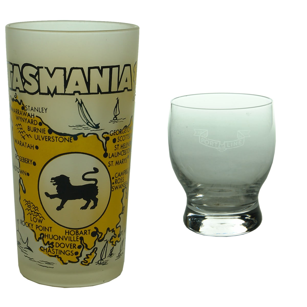 Two Glasses: Tasmanian Souvenir Glass & Port Line Glass.