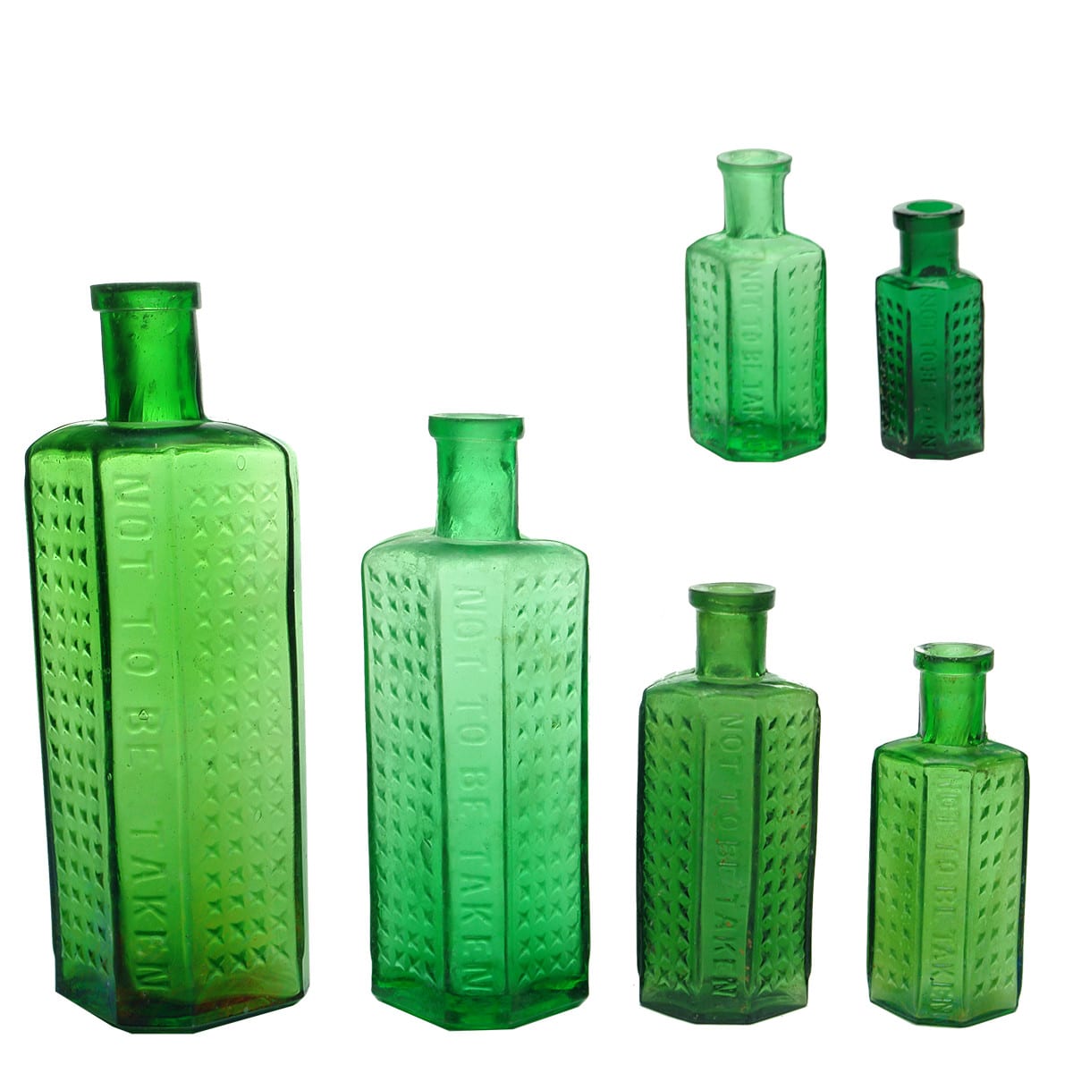 Six Green Poisons. Not to Be Taken. Irregular Hexagon or Coffin shapes. 1/4 to 6 oz.