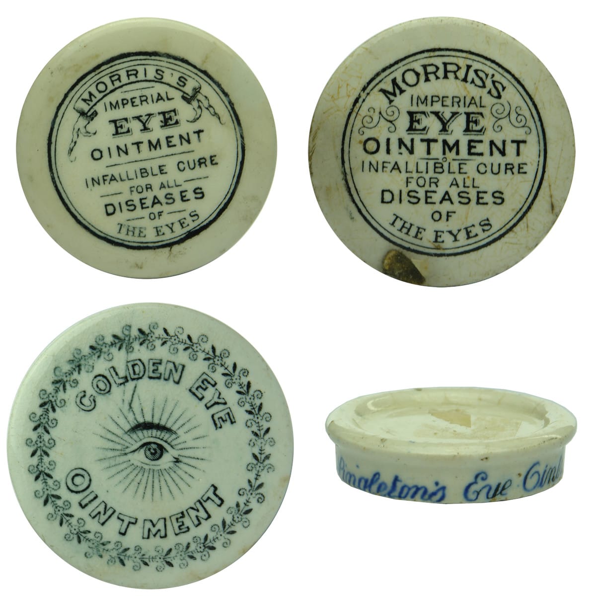 Four Eye Ointment Pot Lids/Pots: Morris's x 2; Golden Eye Ointment. Singleton's Eye Ointment.