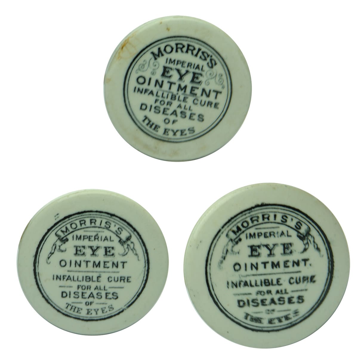 Three Morris's Imperial Eye Ointment Pot Lids. (Victoria)