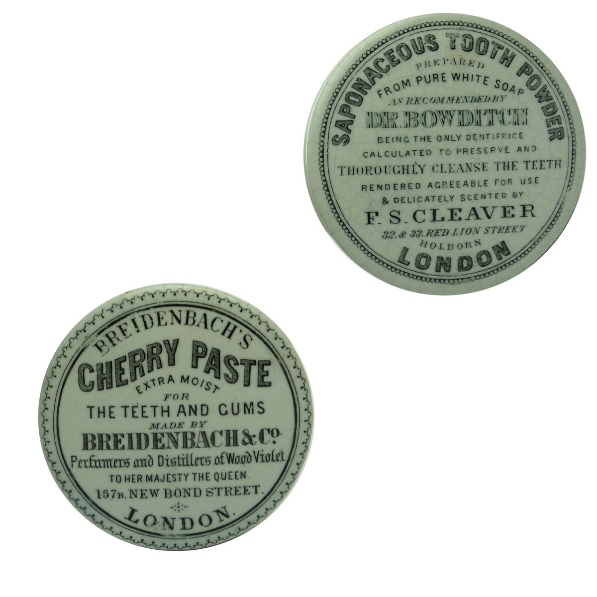 Pair of Pot Lids: Cleaver Saponaceous Tooth Powder, Dr Bowditch & Breidenbach's Cherry Paste.