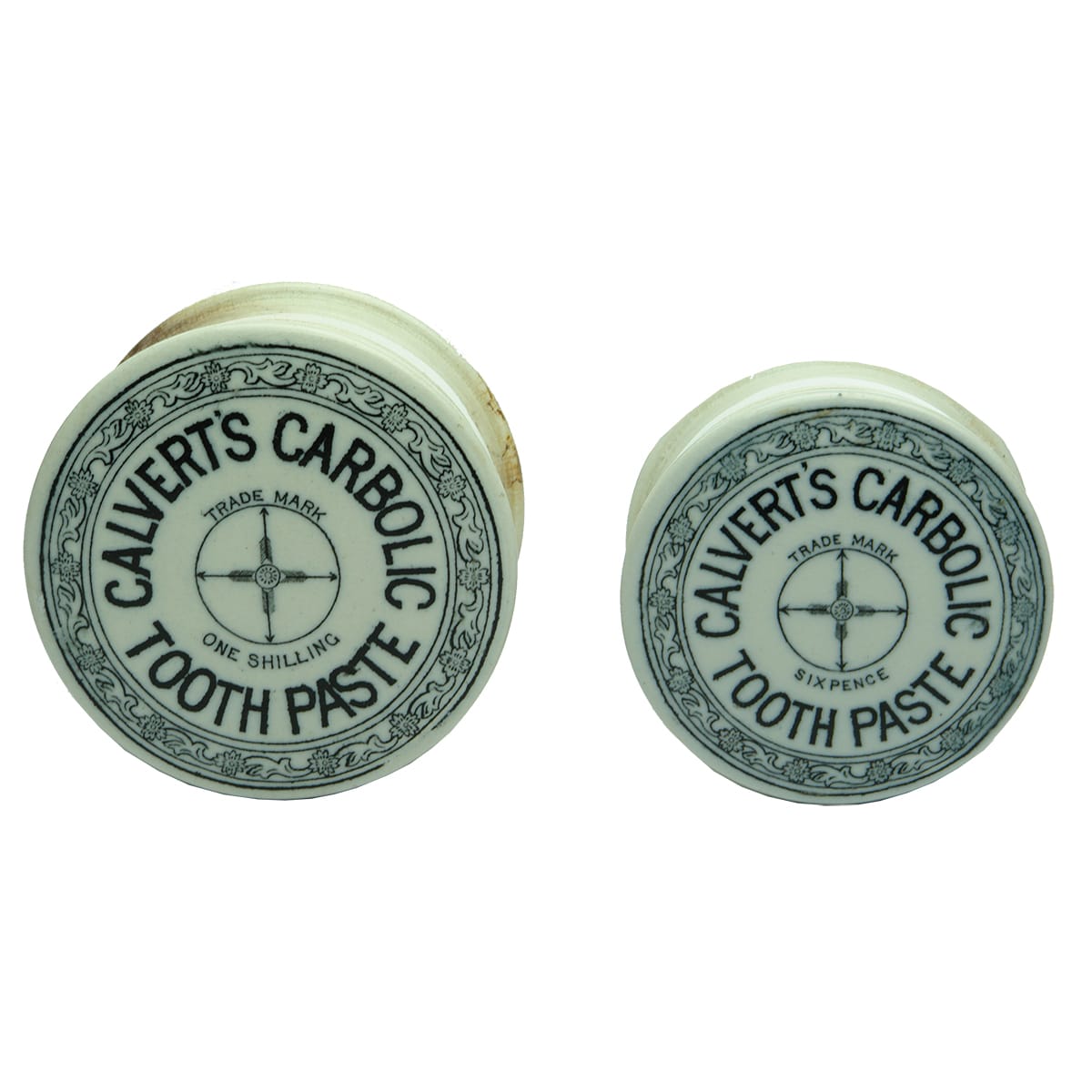 Pair of Pot Lids. Calvert's Carbolic Tooth Paste. One Shilling and Sixpence sizes. Black & White. With bases.