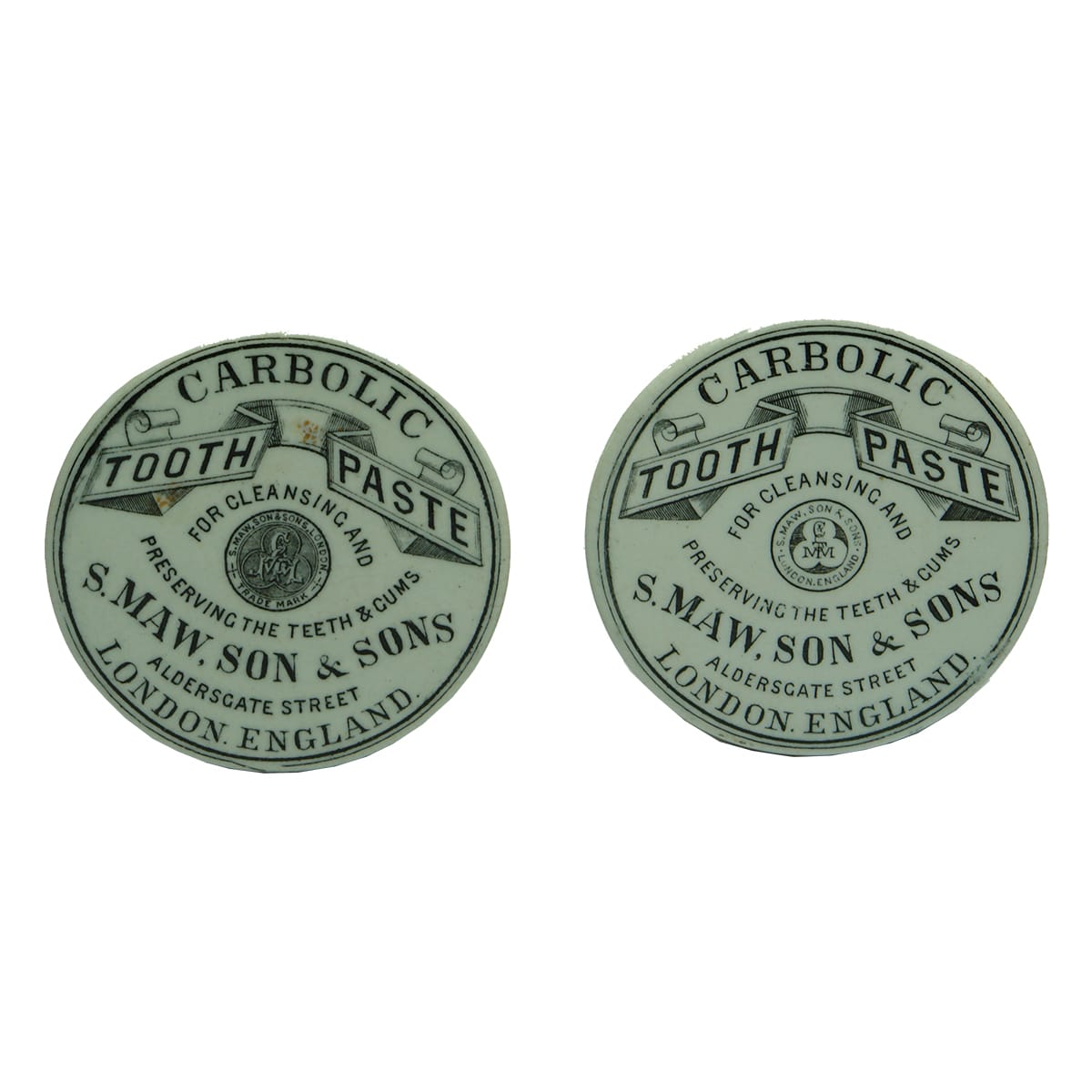 Pair of Pot Lids. S. Maw, Son & Sons, Carbolic Tooth Paste. Dark & Light Logos.