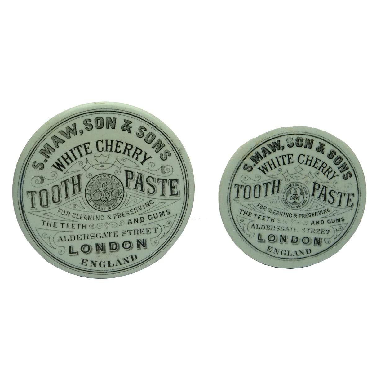 Pair of Pot Lids. S. Maw, Son & Sons. White Cherry Tooth Paste. Large & Small. Black & White.