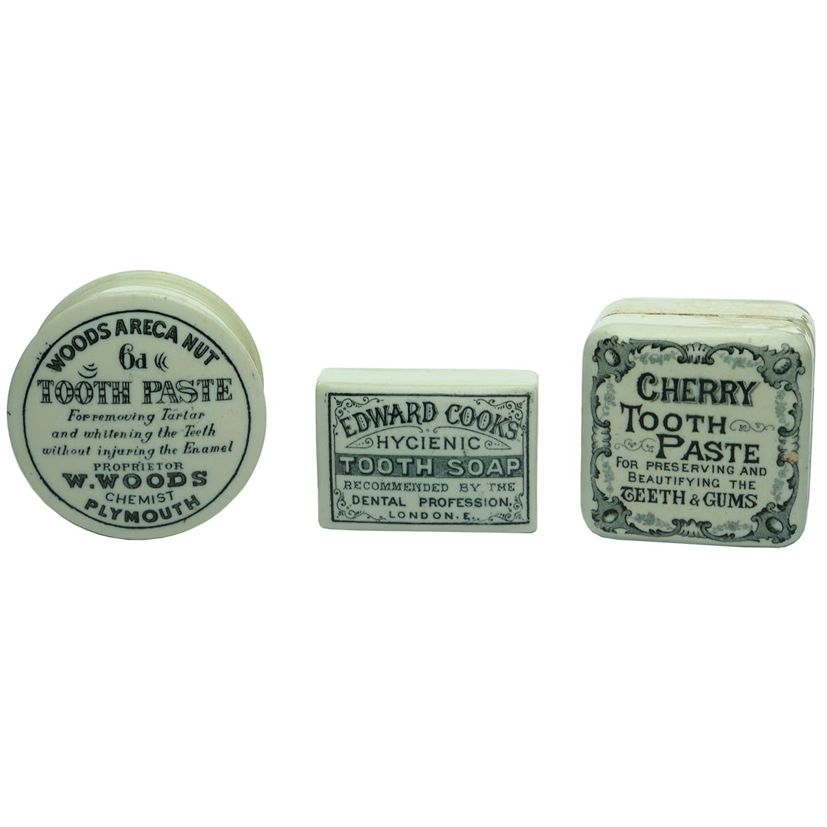 Three Tooth Paste Pot Lids: Woods Areca Nut; Cherry Tooth Paste (square) and Edward Cook's Tooth Soap.