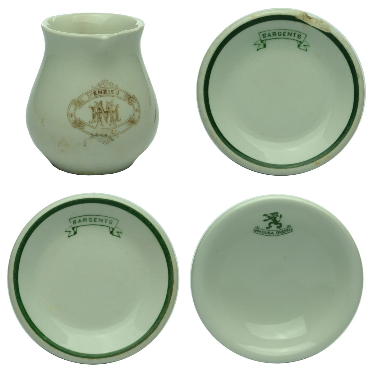 Four pieces of Hotelware: Menzies Hotel Cream Jug; 2 x Sargents Sauce dishes; Mildura Grand sauce dish.