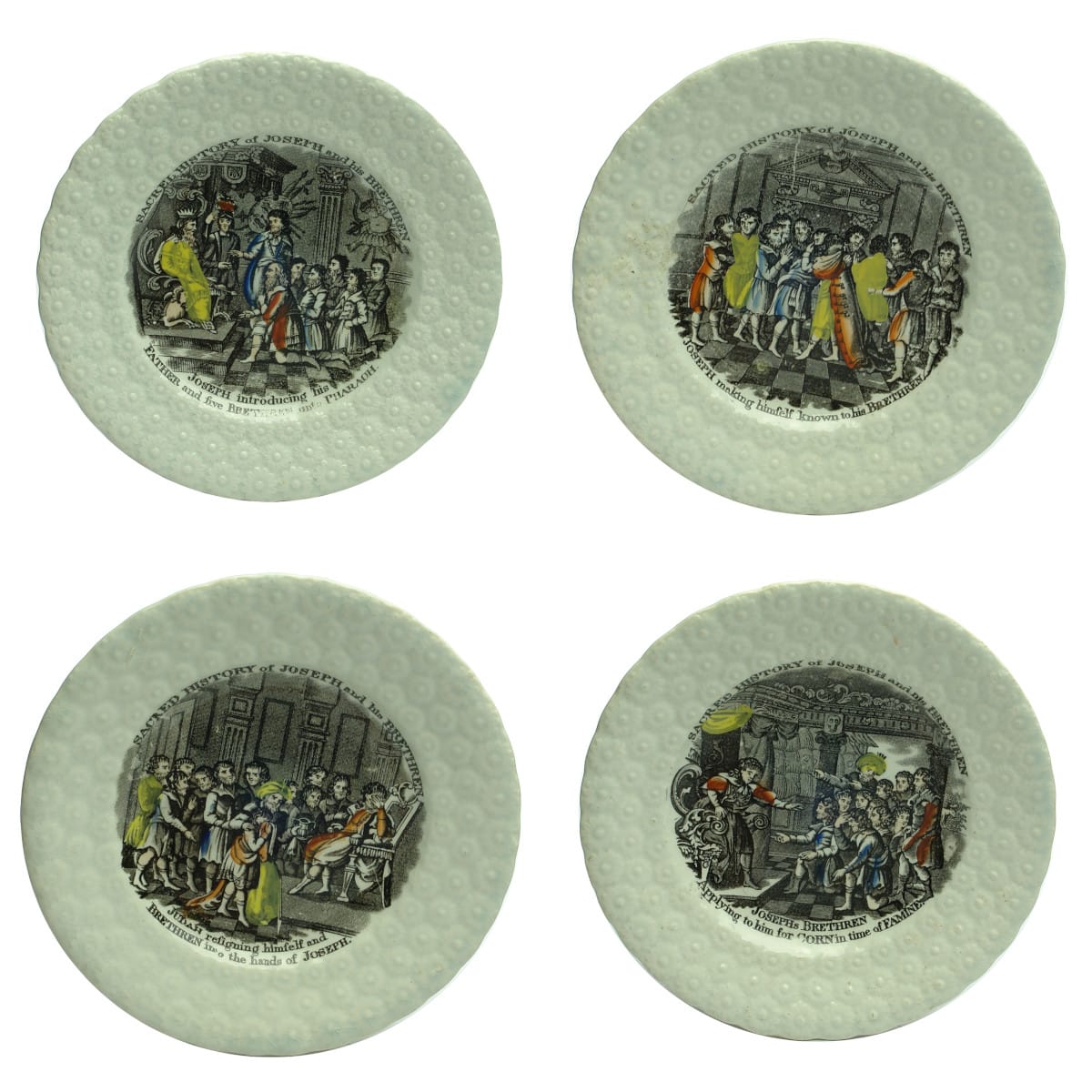 Pottery. Set of four polychrome Victorian Child's Plates Depicting the Sacred History of Joseph and His Brethren with different captions.