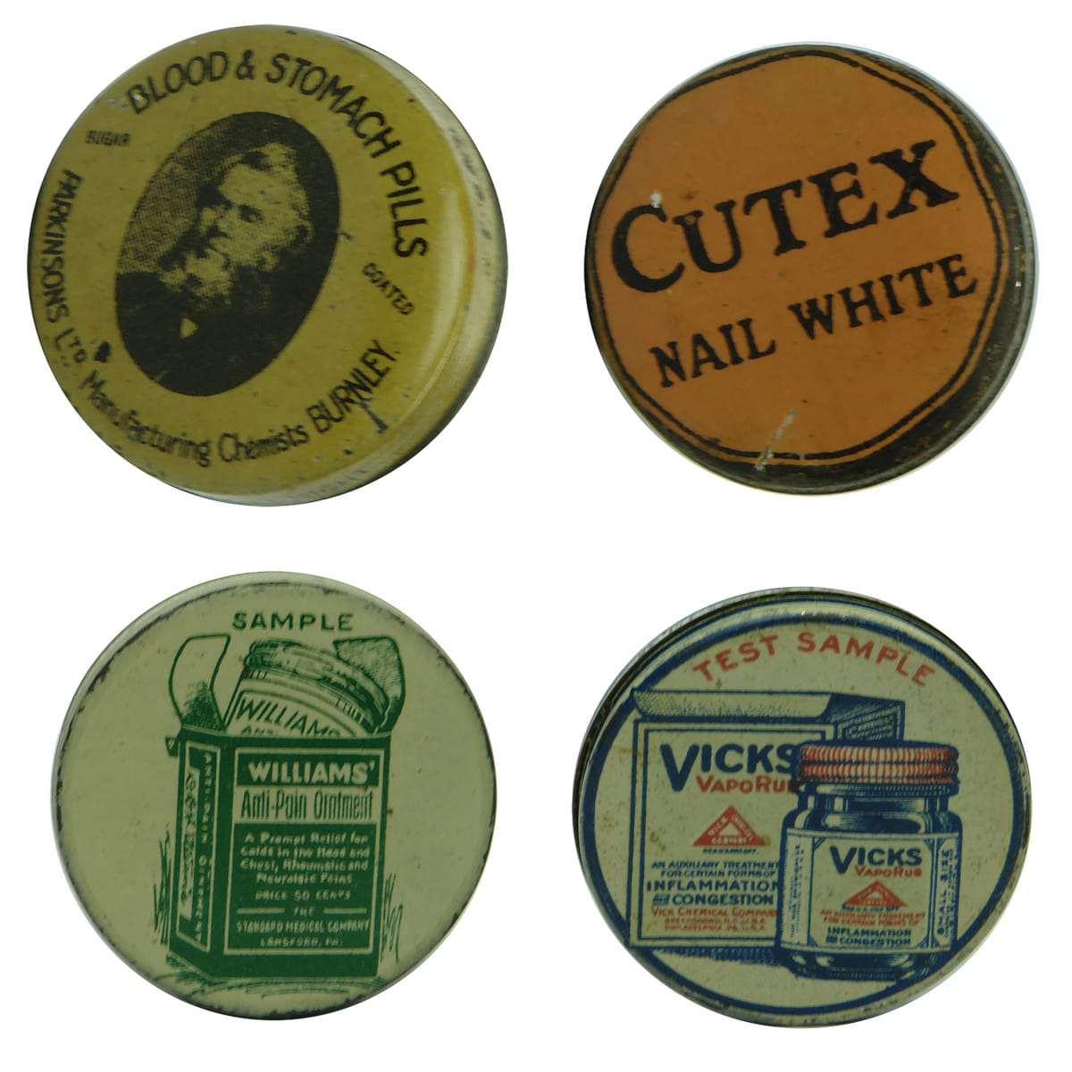 Four Sample Tins: Blood & Stomach Pills; Cutex Nail White; Williams Anti-Pain; Vicks.