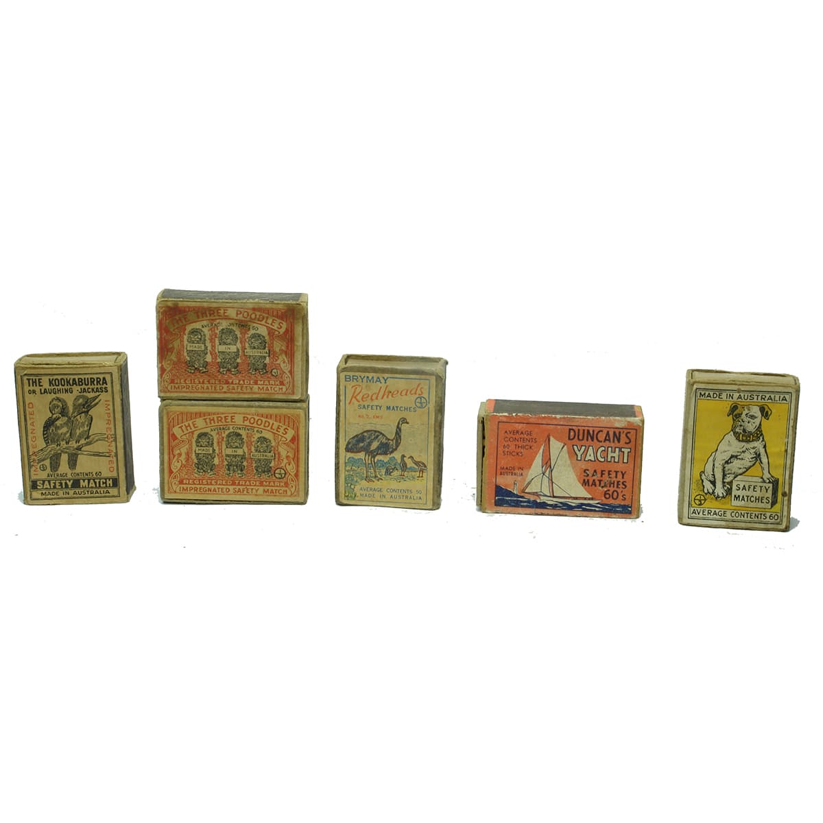 Tobacciana. 6 x Australian Match Boxes. The Kookaburra or Laughing Jackass; 2 x The Three Poodles; Brymay Redheads; Duncan's Yacht; Dog Safety Matches.