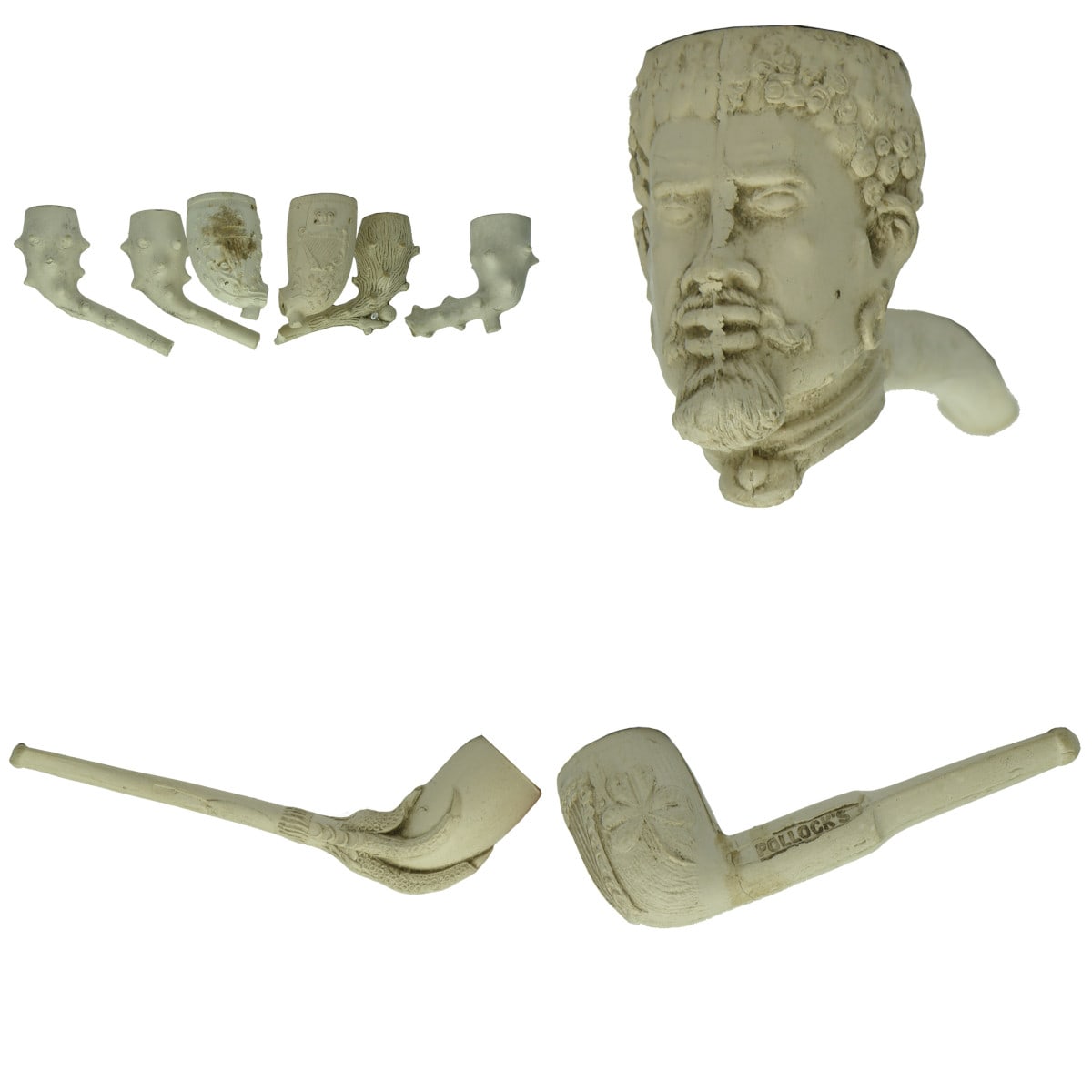 Tobacciana. 9 Clay Pipes. 6 x with no stems; bearded man; eagles claw & Pollock's, Manchester with Shamrocks and Harp.