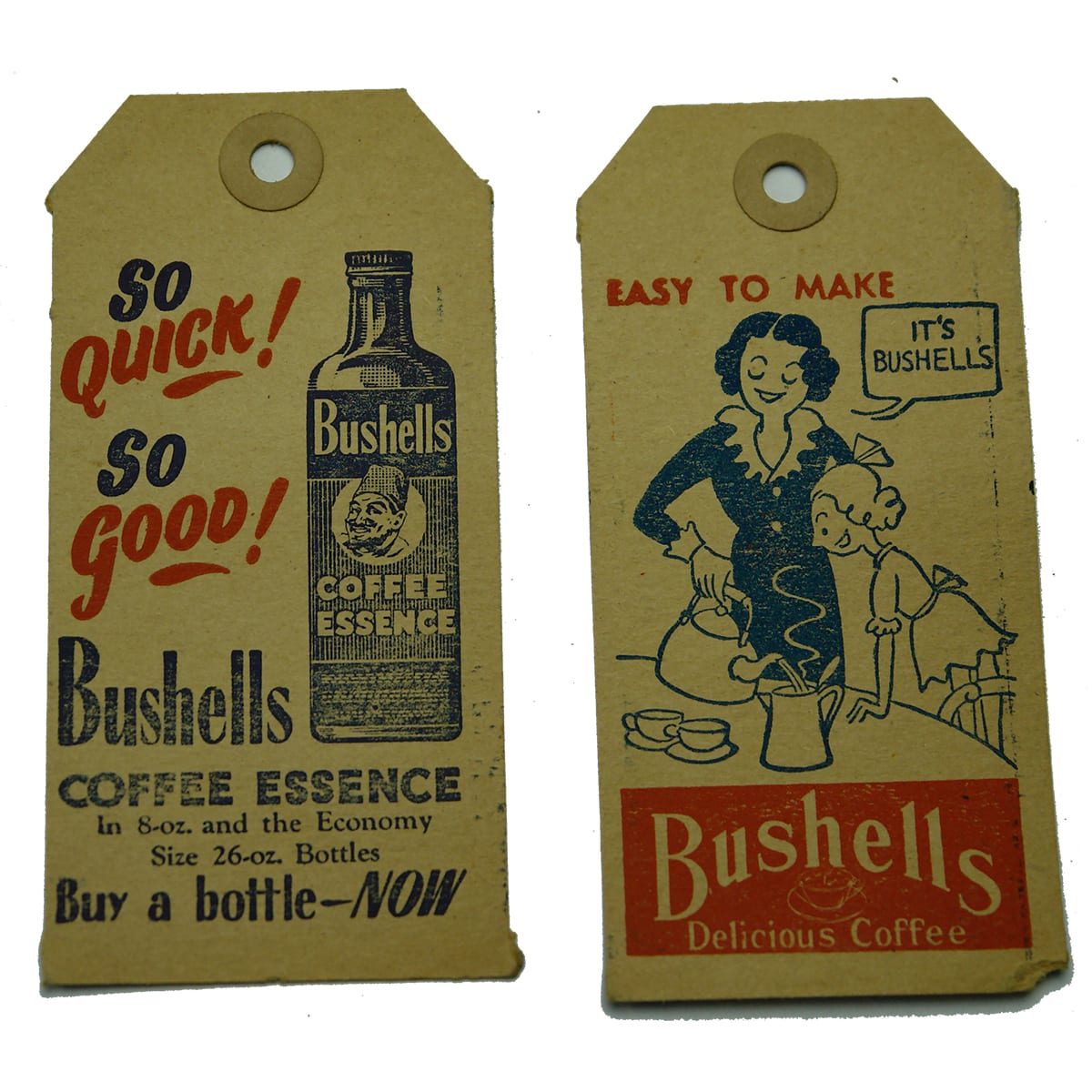 Pair of Delivery Tags. Kelly, Dayboro. Advertising for Bushells Coffee & Tea.