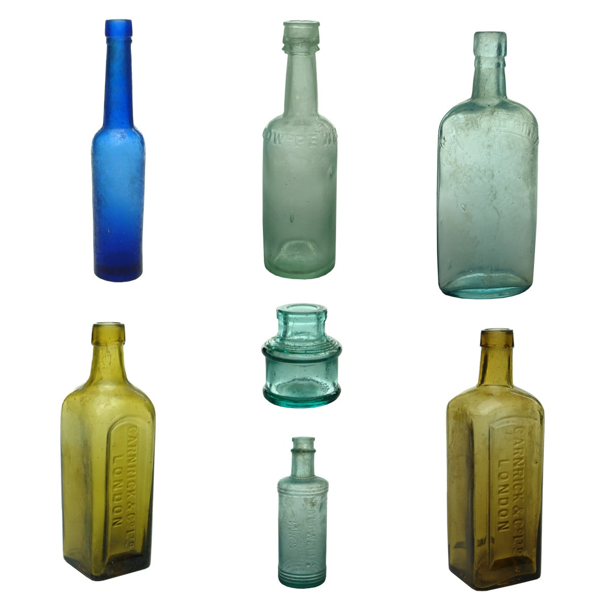 Bottles: Cotton Reel Ink; Edwd Pew & Cos Sauce; Cobalt Castor Oil; Carnrick & Co Ltd, London; Carnrick & Co Ltd, London; Reputed Pint; Caldwell's Flo-Eesi Inks.