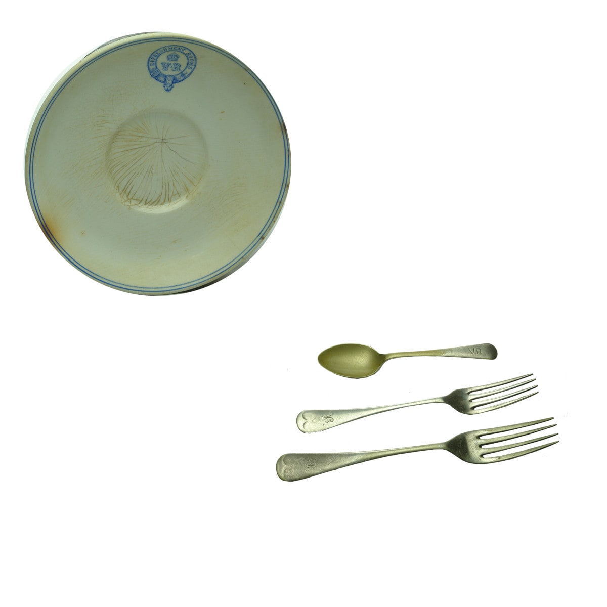 Four Victorian Railways Refreshment Rooms Items: Saucer, Teaspoon and two different sized forks. (Victoria)