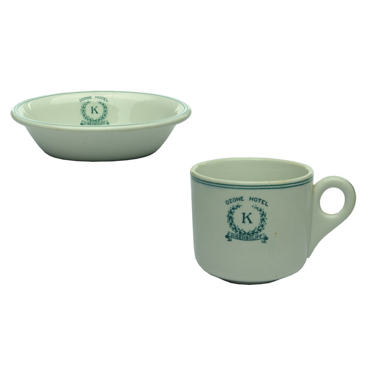 Pair of Hotelware items from Ozone Hotel, Queenscliff. Small Oval Dish and Cup. (Victoria)