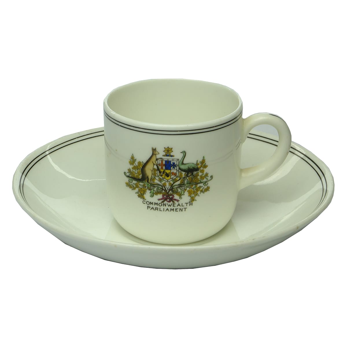 Commemorative Cup & Saucer. Commonwealth Parliament with Australian Coat of Arms. Grafton China. John Dynon & Sons.