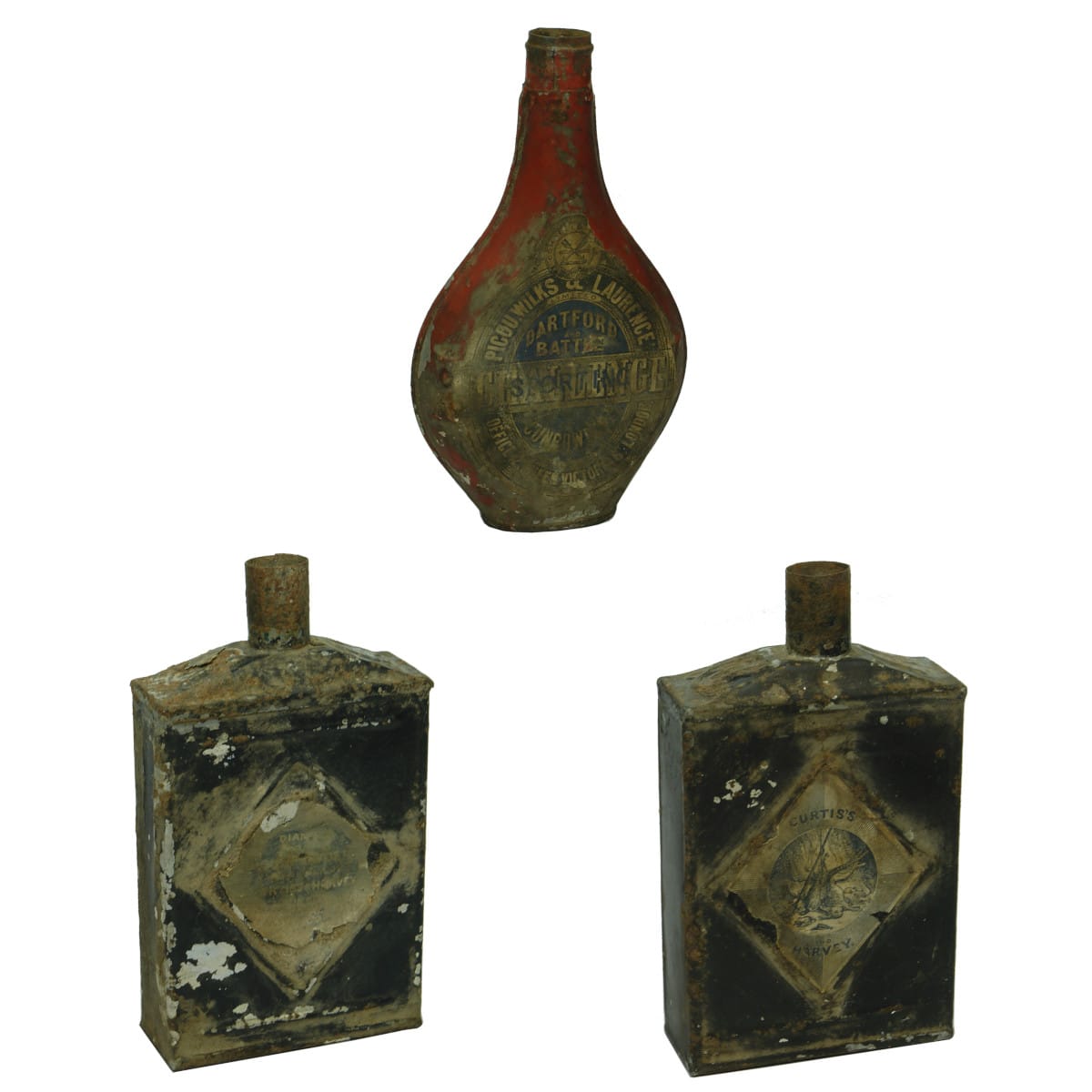 Three Labelled Tin Gunpowder Flasks from London. (United Kingdom)