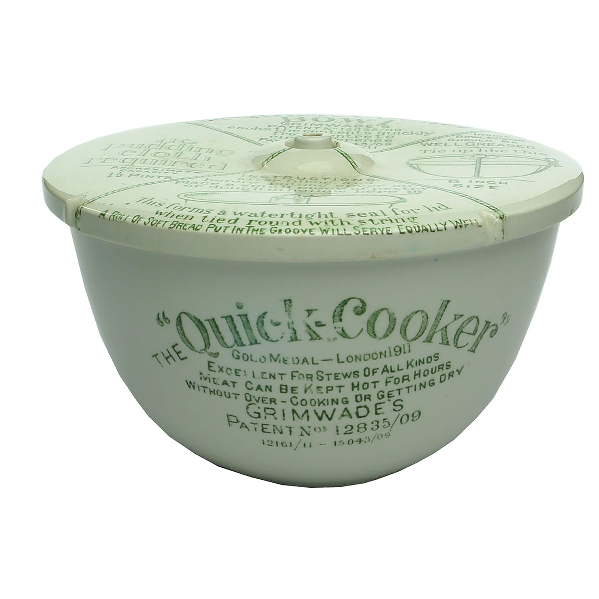 Pudding Bowl with Lid. Grimwade's Quick Cooker. Green Print. 6 inch size.