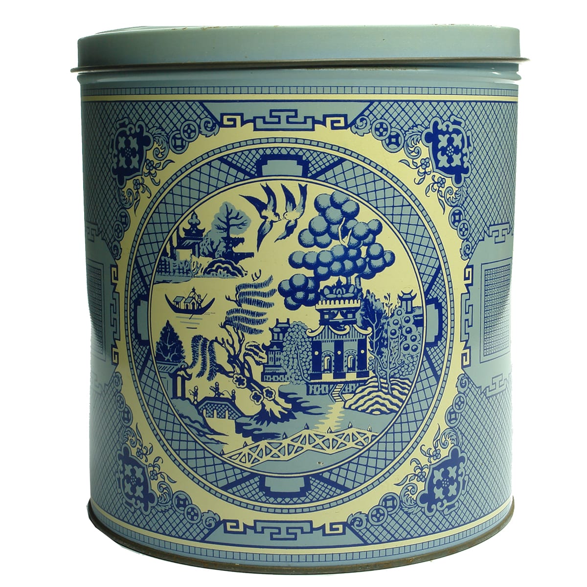 Tins.  Set of Five Graduated Australian Willow Pattern Tin Kitchen Cannisters.