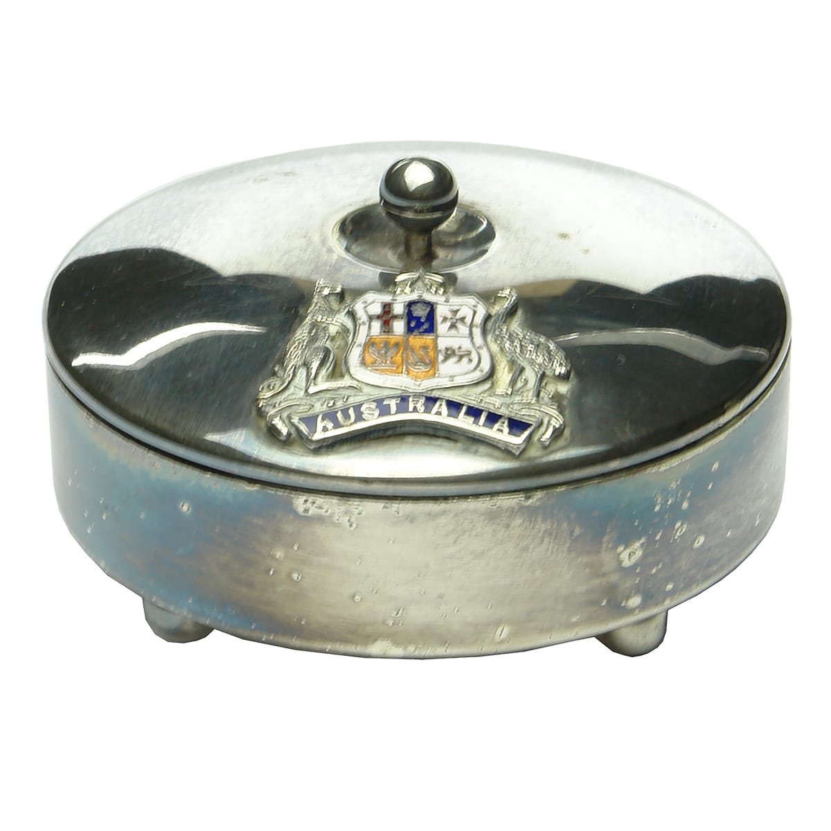 Round EPNS box with enamelled Australian Coat of Arms Badge. Cufflinks inside.