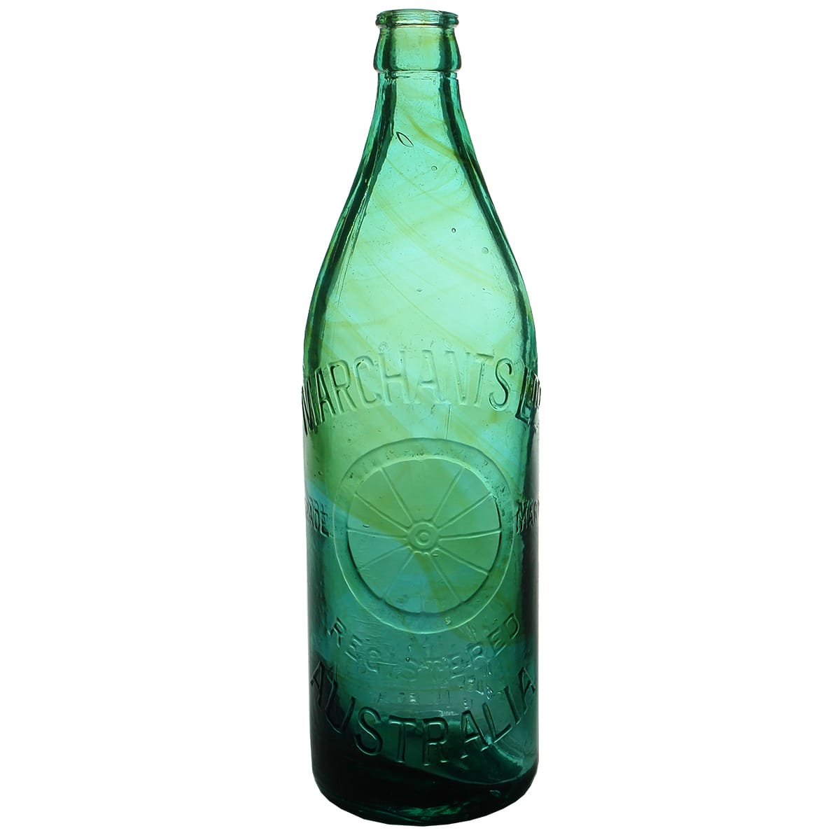 Crown Seal. Marchants Ltd, Australia. Green with Amber swirls. 24 oz.