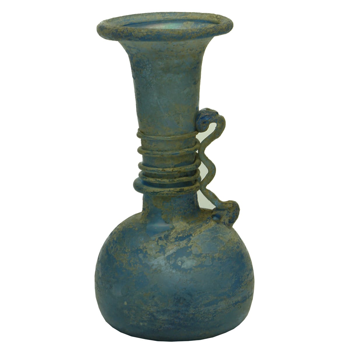 Roman blue glass bulbous long neck container with applied spiral to neck.