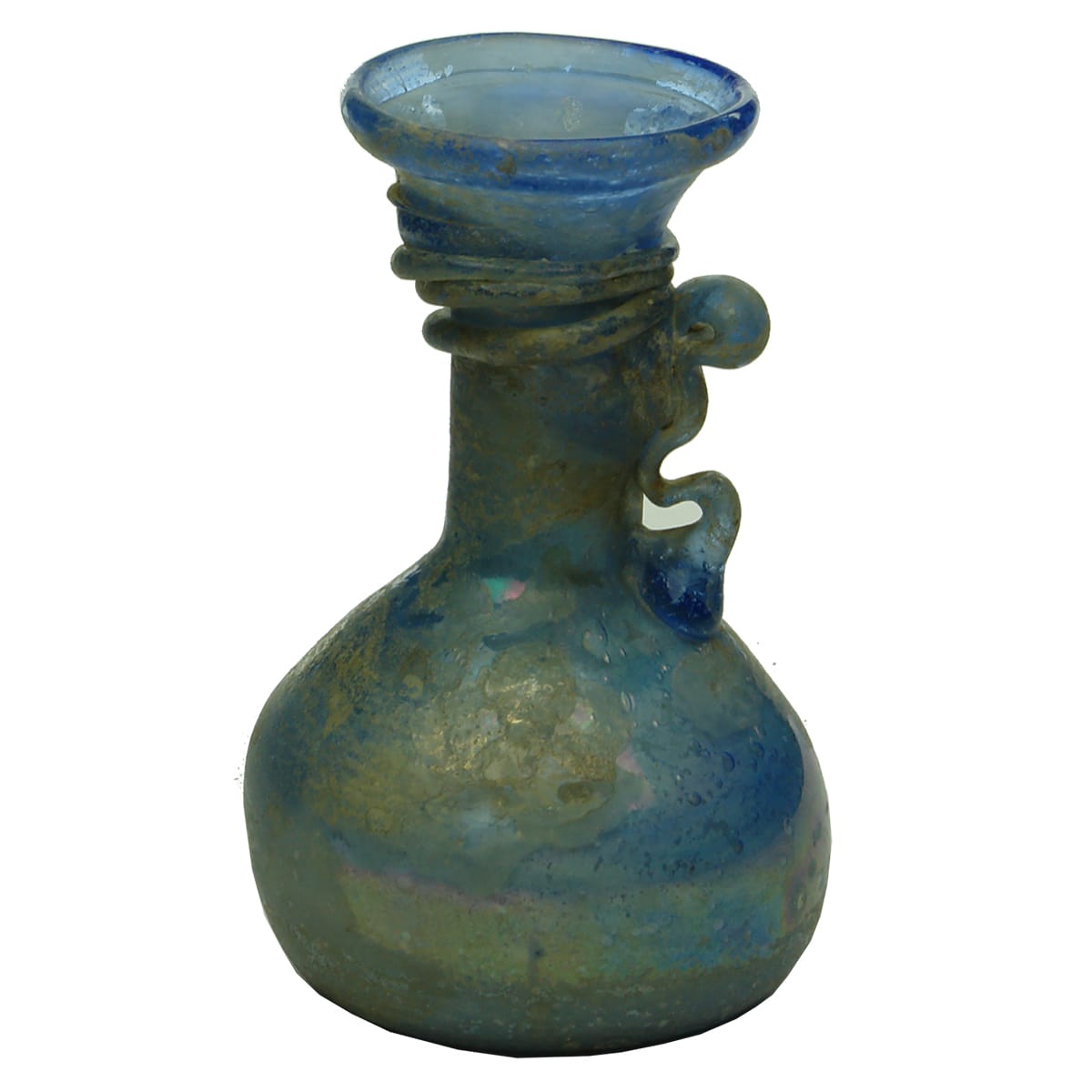 Roman blue glass bulbous long neck container with applied spiral to neck.