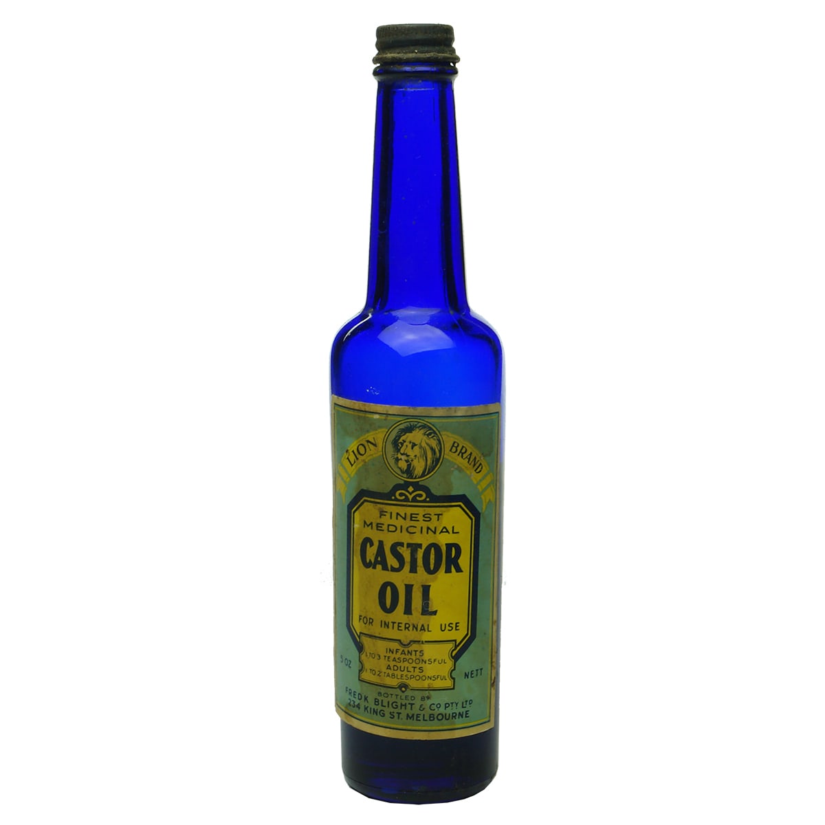 Castor Oil. Blight, Melbourne, Lion Brand. Screw Top. Labelled. Cobalt. 5 oz. (Victoria)