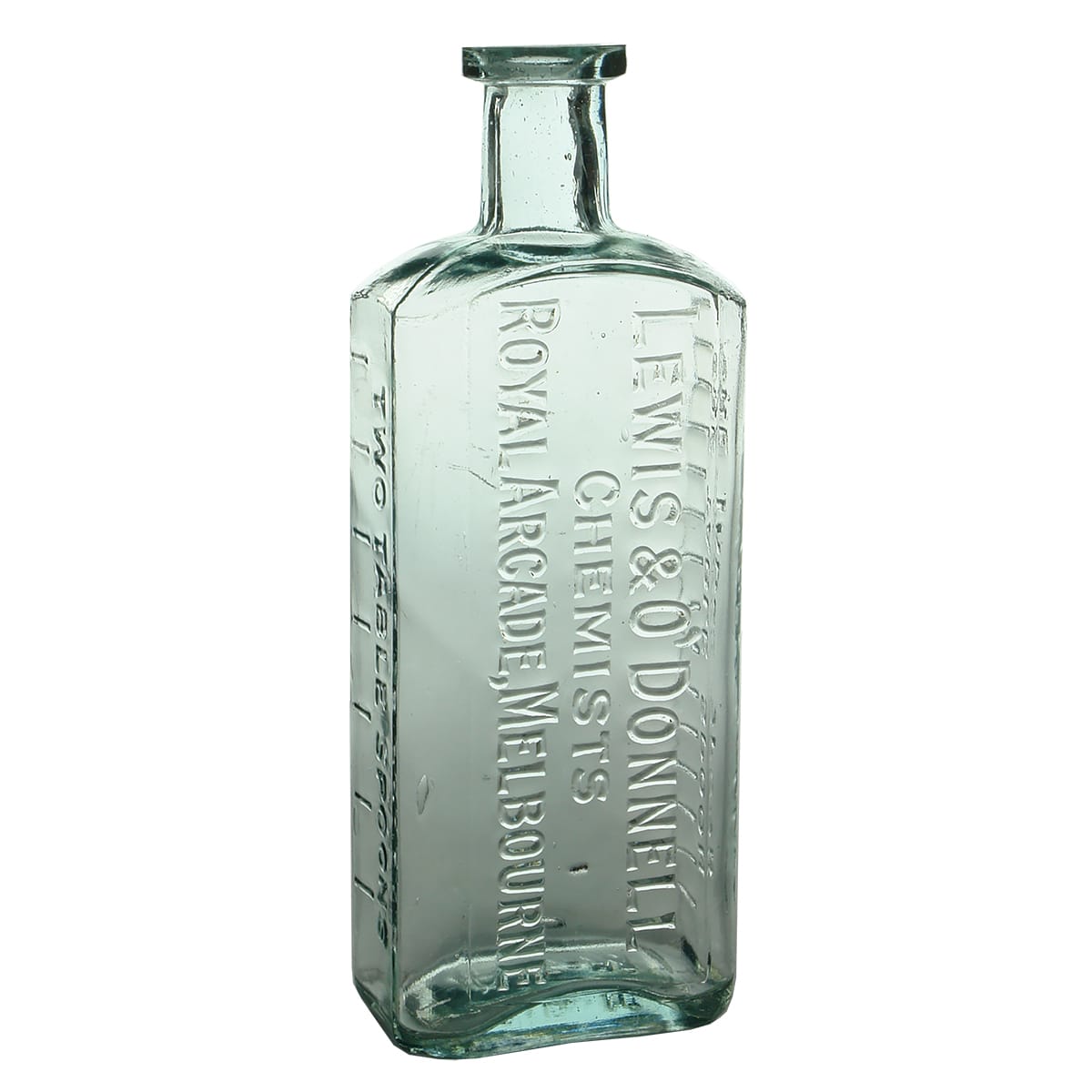 Chemist. Lewis & O'Donnell, Royal Arcade, Melbourne. Aqua. 8 oz. 170 mm. (Victoria)