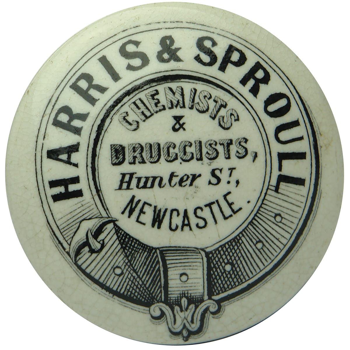 Pot Cap. Harris & Sproull, Newcastle. Round. Black and White. (New South Wales)