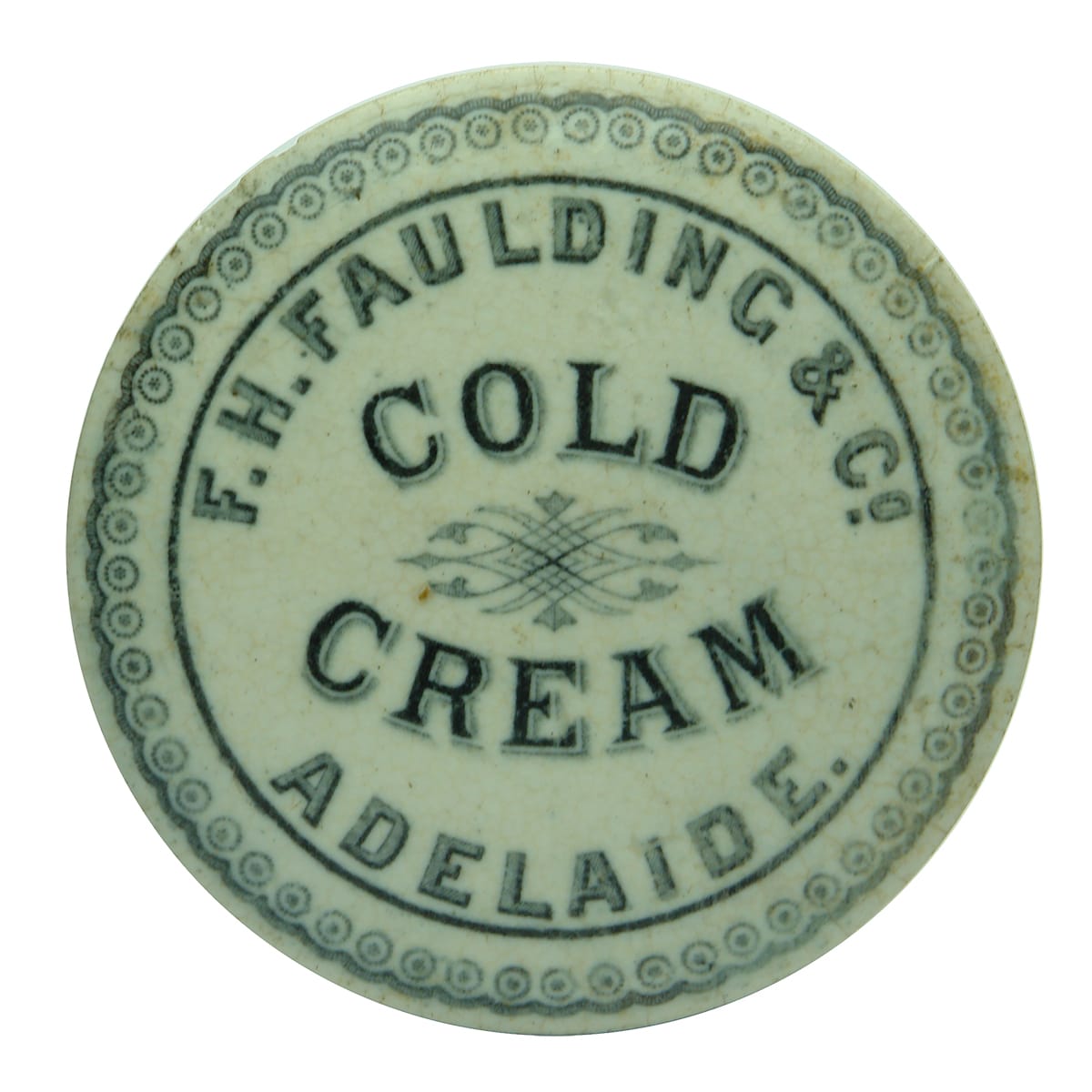 Pot Lid. F. H. Faulding & Co, Cold Cream, Adelaide. Large size. (South Australia)