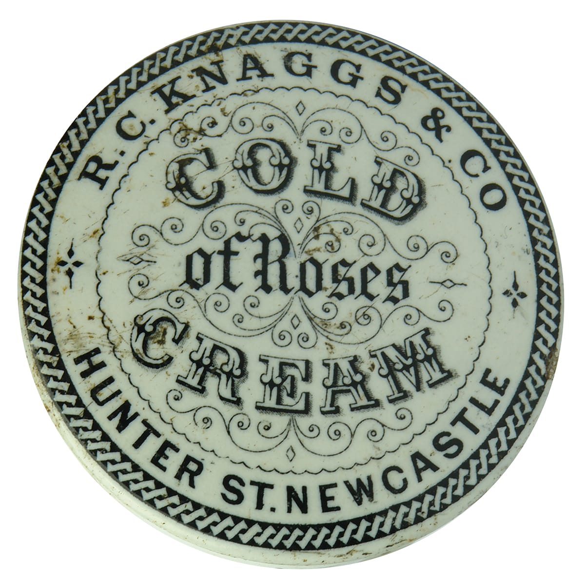 Pot Lid. R. C. Knaggs & Co, Newcastle, Cold Cream of Roses. Round. Black and White. (New South Wales)