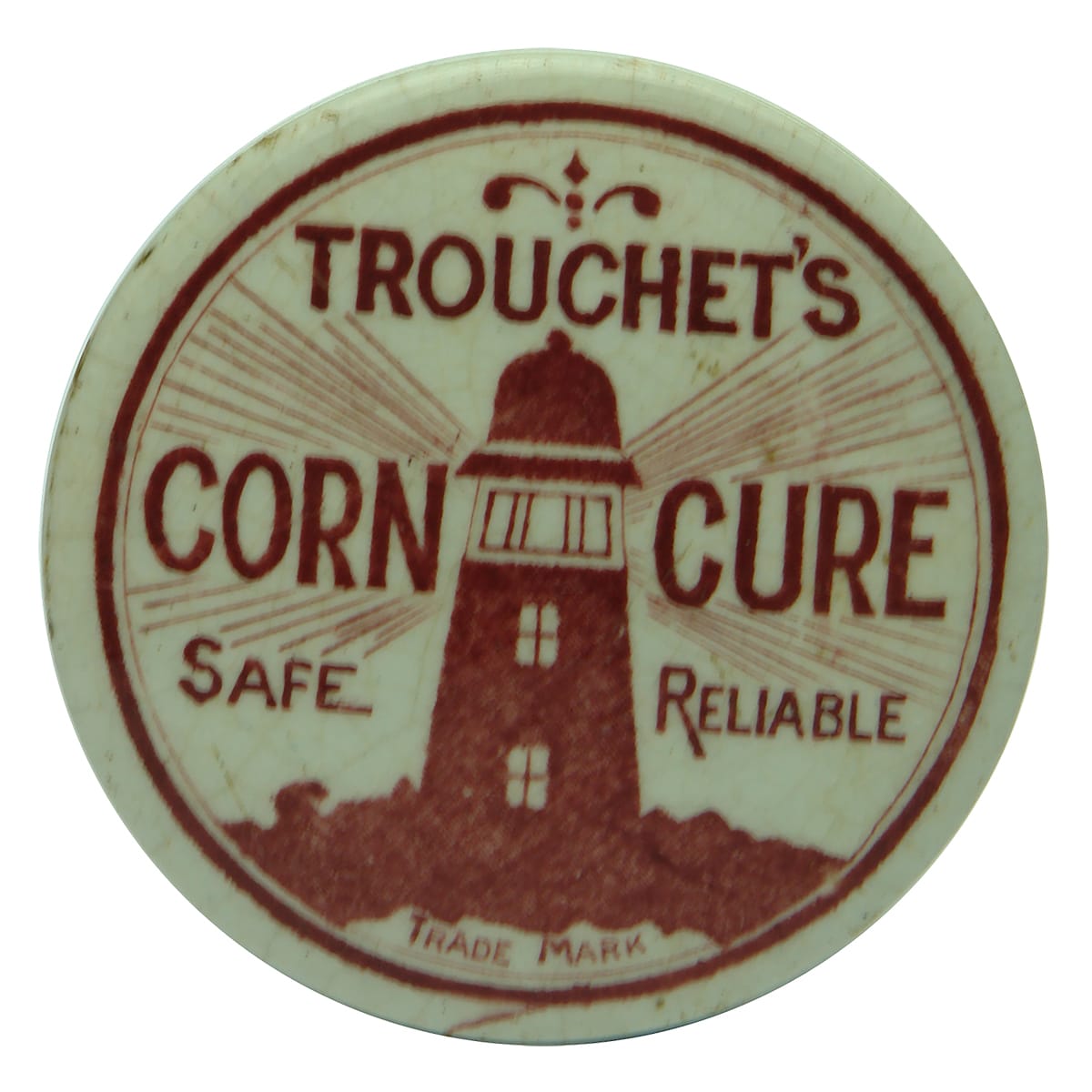 Pot Lid. Trouchet's Corn Cure. Red & White.